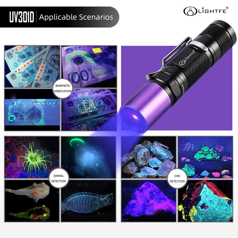 LIGHTFE Black Light UV Flashlight 365nm Blacklight UV301D with LG