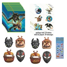 Unique How to Train Your Dragon Birthday Party Supplies Bundle Pack includes 8 Loot Bags, 24 Tattoos, 8 Party Paper Masks, 1 Dinosaur Sticker Sheet