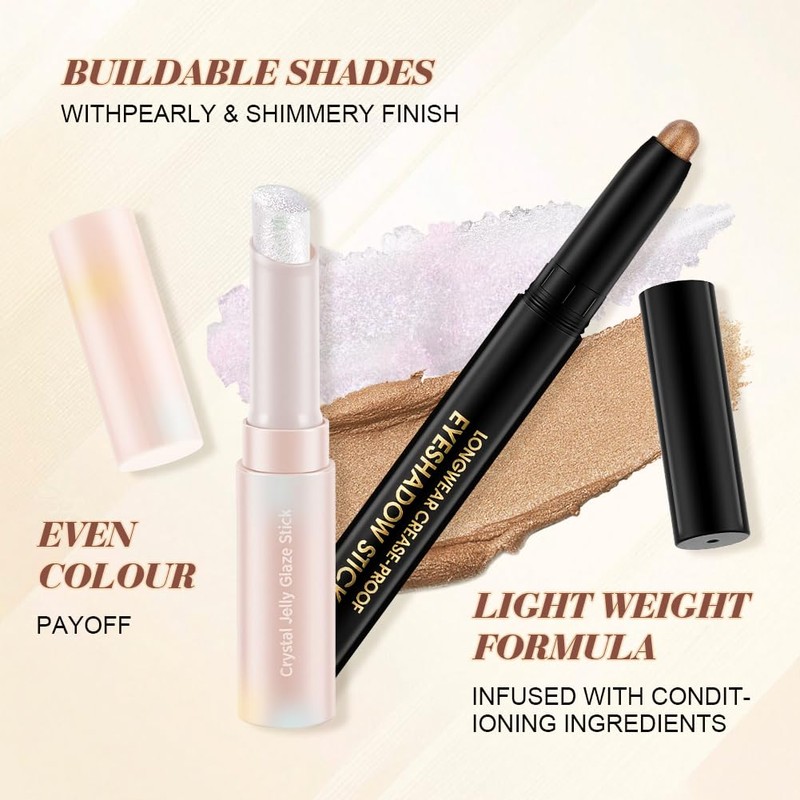 BUTBU 4PCS Eyeshadow Stick, Shimmer Eye Shadow Stick, Crystal Jelly