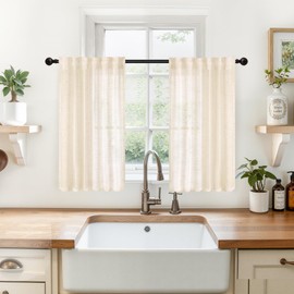 YoungsTex Champagne Linen Semi Sheer Curtains 36 Inch Length for Kitchen Cafe Window, Half Window Drapes Light Filtering with Rod Pocket Back Tab for Small Bathroom, 2 Panels, 34 X 36 Inch
