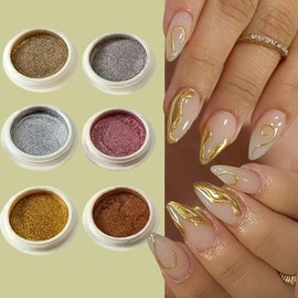 6 Boxes Chrome Nail Powder Metallic Mirror Effect Chrome Powder for Nails Silver Brown Bronze Chrome Powder Fall Winter Nail Glitter Powders for Gel Polish Nail Art Decoration Home DIY Salon