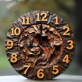 Wooden Wall Clock， Carved Wood Texture， Rustic Home Decor 10-Inch Wooden Wall Clock, Silent Movement, Battery Operated (AA Batteries Not Included), Artistic Home Decor, Perfect for Home Accents