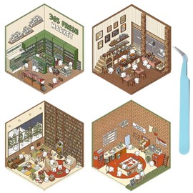 3D House Sticker Set,3D Sticker Scene,Sticker House, Contains Four Styles and 1 Tweezers, Cute Painting Style, Smooth Tearing, and Can Create A Girl's Mini Cottage at Any Time