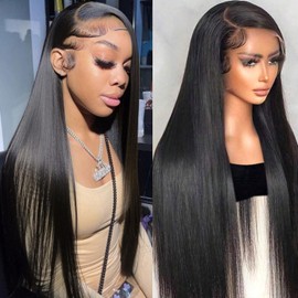 13x4 Straight Lace Front Wigs Human Hair HD Transparent 180% Density Lace Frontal Wigs Human Hair Pre Plucked Glueless Long Wigs for Women Human Hair with Baby Hair Natural Black Color 28 Inch