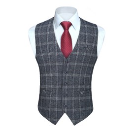 HISDERN - Chaleco de traje para hombre, formal de negocios, a cuadros, chaleco ajustado para hombres con 3 bolsillos para traje o esmoquin, A7-blue & Grey, Large