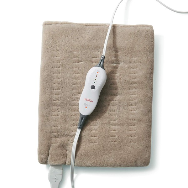 Sunbeam Premium Standard Size Heating Pad with Compact Storage, Moist Electric Heating Pad for Targeted Pain Relief of Back, Neck and Shoulders, 4 Heat Settings, 2 Hour Auto-Off, 12 x 15 inch, Beige