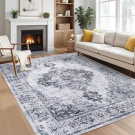 9x12 Living Room Rugs Washable, Soft Vintage Large Bedroom Rug Boho Farmhouse Low Pile Non-Slip Indoor Carpet Rugs for Bedroom Dining Room (Grey, 9'x12')
