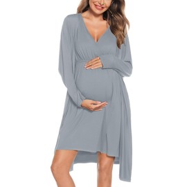 SWOMOG Maternity Nursing Gown and Robe Set for Women 3 in 1 Labor Delivery Nursing Nightgown Breastfeeding Bathrobe Grey Green