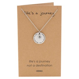 quan jewelry Compass Necklace Graduation Gifts for Women Memorable Gifts, Adventure Travelers Charm with Inspirational Greeting Card, Stainless Steel Adjustable Chain 16" to 18" Silver Tone