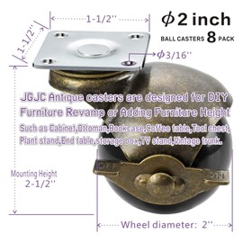 JGJC Antique Brass Casters 2 inch, Vintage Caster Wheels for Furniture 8 Pack, Heavy Duty Plate Casters with Brake, Furniture Wheels Castors with Swivel Plate, Bulk Value Package