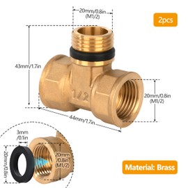 Brass T-piece, 2 pieces 1/2 inch female x male thread x female thread, 90° thread fitting with rubber, metalwork brass pipe T-fitting for water, air, sanitary, drinking water