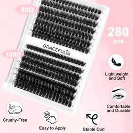 Fluffy Lash Clusters 80D+100D Thick Eyelash Clusters D Curl Cluster by GRACEFULIA Eyelash Extensions Cluster Lashes Wispy Lashes Clusters 280pcs Eyelashes 9-16mm DIY Lash Extension for Beginners