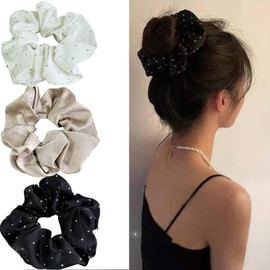 Jseng 3PCS Large Scrunchies for Hair, Sparkling Hair Ties, White, Champagne and Black