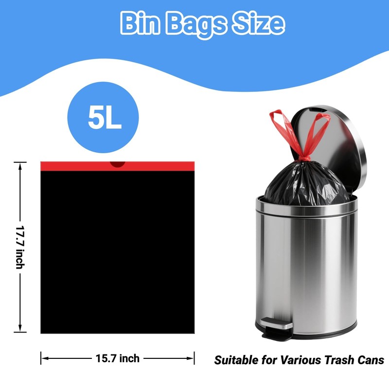 5L Bin Bags Drawstring Small Bin Liners 40 Black Waste