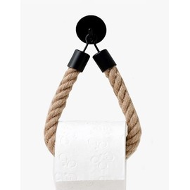 WONQEXZ Nautical Rope Toilet Paper Holder - Self Adhesive, No Drill Required, Black, Stainless Steel and Cotton Rope