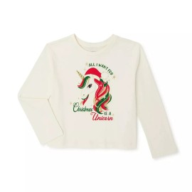 Way To Celebrate Holiday Time Girls "All I want for Christmas is a Unicorn" Tee Cream L(10-12