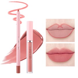 2Pcs Pink Lip Liner Pencil and Lipstick Set,Velvety Matte Creamy Lip Liner Lip Crayon Long Lasting Waterproof Lip Liner Natural Longwear Lipstick High Pigmented Lip Colors Not Fade No Smudge Lip Stain Makeup Gift Kit for Women Girls (#08)