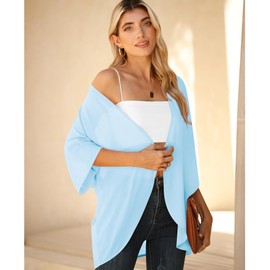 LILBETTER Women Lightweight Chiffon Cardigan Puff Sleeve Loose Beach Wear Cover Up Blouse Top, Light Blue, Medium