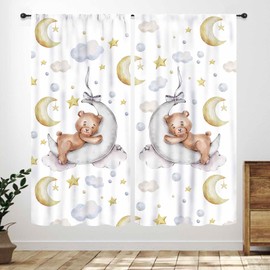 Bear Curtains for Kids Room,Cartoon Lovely Bear Moon Stars Printed Window Drapes Treatments for Kids Girls Boys Living Room Bedroom Nursery 2 Panels,42X45 Inch