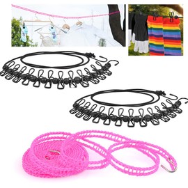 TIMESETL Pack of 3 Washing Line Travel Camping Clothes Line with Clips 180-360 cm with 12 Coated Clips and Positioning Buckle for Travel Holiday Outdoor Camping