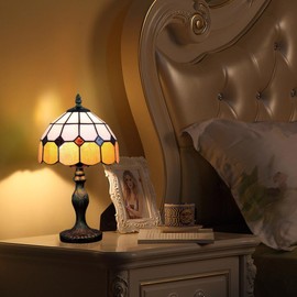 Meimond Tiffany-Style 8 Inch Table Lamp Mediterranean Series Stained Glass Lampshades Small Bedside Lamp Reading Antique Desk Light Livingroom Bedroom Office Vintage Art Deco Victorian(Color:Orange)