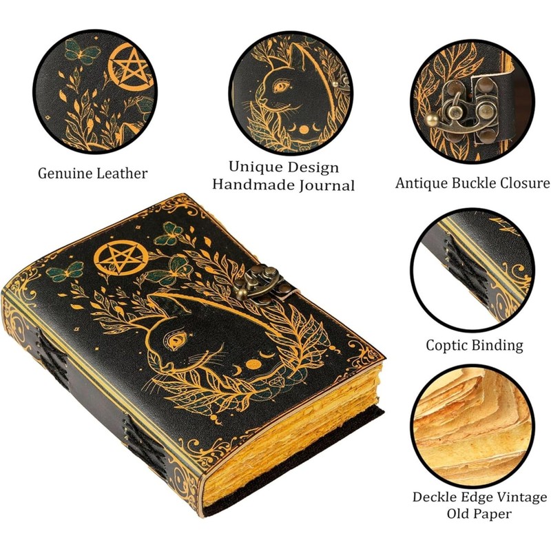 Grimoire journal Leather Print Caltic Cat journal Blank Spell book