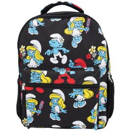 AI ACCESSORY INNOVATIONS Smurfs 16” Backpack with Front Pocket for Girls, 16” School Bag with Front Pocket, Allover Print Bookbag Featuring Smurfette & Grandpa Smurf, Black