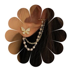 Vintage Gold Crystal Butterfly Earrings Long Dangly Butterfly Earring with Pearl Ear Cuff Pendant Dangle Earrings Jewelry for Women and Girls
