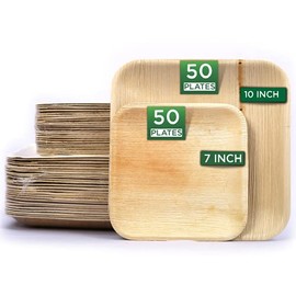 Raj Palm Leaf Plates [100-Pack] 10"x50 7"x50 Square Plates like Bamboo plates Disposable, Decorative Compostable Tableware for wedding, Lunch, Dinner, Birthday, Camping, Outdoor BBQ, Picnic
