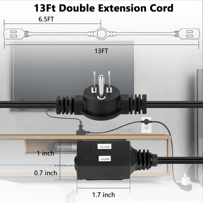 Twin Extension Cord Power Strip 13Ft, Double Extension Cord Splitter