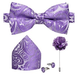DiBanGu Mens Pretied Bow Tie Light Purple Paisley Bow Ties for Men Adjustable Silk Bowtie Pocket Square Cufflinks Lapel Pin