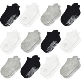 GRPSKCOS Non Slip Toddler Socks 12 Pairs Anti Skid Ankle Socks For Kids Boys Grips Cotton Crew Socks For 1-7 Years Children (#3 White/Grey/Black-12 Pairs, 1-3 Years)