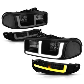 PM PERFORMOTOR Headlights Assembly Compatible with 2001-2007 GMC Sierra Yukon Denali, 4Pcs Headlamps with LED DRL Bumper Lamps, Black Housing/Smoked Lens