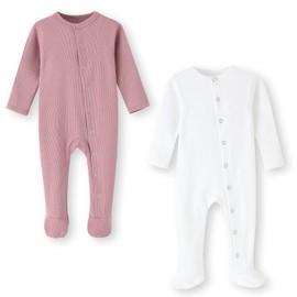 BINIDUCKLING Baby 2-Pack Cotton Snap-Up Sleepsuit - Baby Footed Pajamas with Mitten Cuffs - Long Sleeve Baby Onesies Grows 3-6 Months, Pink and White