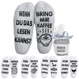 Cuddly Socks, Funny Women's Socks with Saying on Sole "Wenn du das lesen Kannst Bring mir Kaffee Stopper Socks" Fluffy Non-Slip Socks Valentine's Day Gifts for Women Men Girls Girlfriend