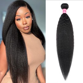 Kinky Straight Bundles Human Hair 28 Inch Yaki Straight Bundles Real Human Hair 100% Unprocessed Brazilian Hair Kinkycurly Hair Extensions Quick Weave Bundles Natural Black