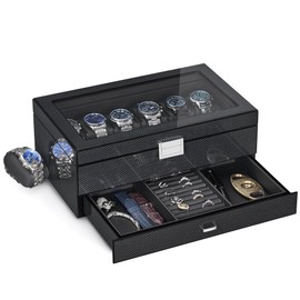 BEWISHOME Watch Cases for Men with Drawer Watch Box Organizer Glass Lid and Paint Surface Men’s Watch Storage 12 Slot Watch Holder Display Case SSH02A
