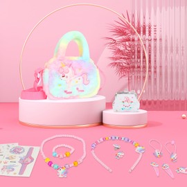 ZUYIST Pack of 14 Unicorn Handbag Gift, Jewellery Set Girls Children's Jewellery Bracelet, Ring, Hair Clip, Necklace, Headband, Ear Clip, Hair Band, Purses Unicorn Gifts for Girls, Cotton plush