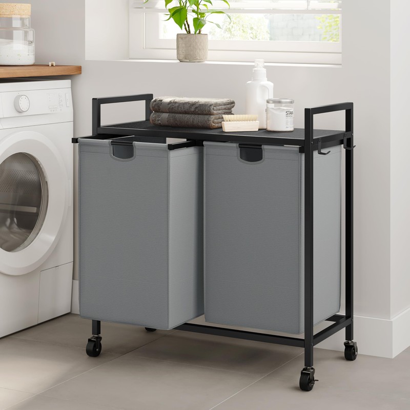 WOWLIVE Double Laundry Hamper with Lid,Rolling Laundry Basket Organizer with