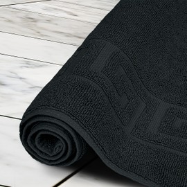 Canadian Linen Everest Luxury Bath Mats, 2 Pack, 20”x32” Lightweight Quick Dry Greek Key Design Cotton Bathmats [Not Bathroom Rug] Extra Soft Shower Mat Absorbent Floor Towels, Washable Tub Mat, Black