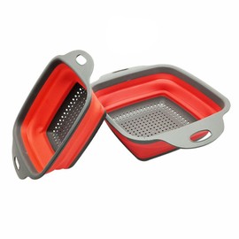 2PCS Collapsible Colander, Collapsible Strainers for Kitchen, 11.5 inch Silicone Strainer and 9.5 inch Silicone Colander for Draining Vegetable fruit, Kitchen Food Strainer, Red
