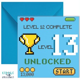 GIGGLE GREETINGS Gamer Birthday Card For 13 Year Old Girl or Boy - Level 13 Unlocked Video Gaming Birthday Card With Blue Envelope - Eco Friendly Card