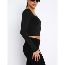 cailami Women's Long Sleeve Square Neck Going Out Tops Basic Tight Y2k T Shirts, Large, Black