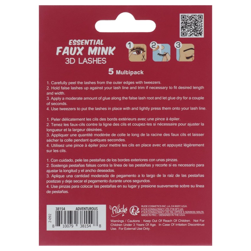 Essential Faux Mink 3D Lashes - Adventurous by Rude Cosmetics