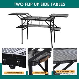 CDEN Camping Table, Camp Tables for Grills, Folding Table, Tailgate Table, with Side Table, 4 Side tablese, mesh net, for Camping, Picnic, BBQ