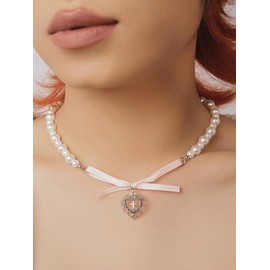 Coquette Faux Pearl Choker Necklace, Heart Pendant Pearl Necklace (White, One size)