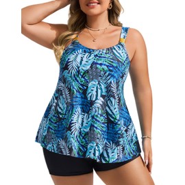 Hanna Nikole Ladies Swimsuits for Women Swimsuits with Shorts, Swimsuits 2024 Blue Green Leaves 28 Plus