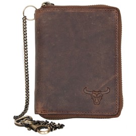 Genuine Leather Wallet with Metal Zipper Around and a Chain with a Bull Head