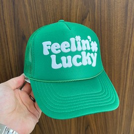 Feeling Lucky St Patrick's Day Trucker Hat Puff Print Irish Party Four Leaf Clover Baseball Hat Foam Vinyl St Paddy's Day