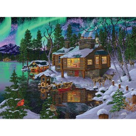 Bits and Pieces - 300 Piece Jigsaw Puzzle for Adults 18" X 24" - Northern Lights Cabin - 300 pc Edge of a Lake Winter Cabin in The Woods Snowy Cabin Forest Animals Jigsaw by Artist Joseph Burgess